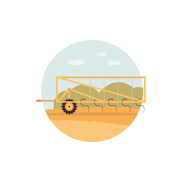 Gelber Pflug auf dem Getreidefeld - landwirtschaftliche Maschine pflügt den Boden. — Stockvektor