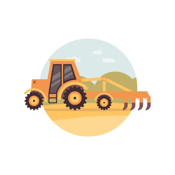 Yellow tractor plowing a field - agriculture machine with plough — Stock Vector