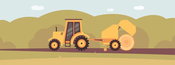Желтый трактор с круглым тюком сена сбрасывает цилиндр сена на землю — стоковый вектор