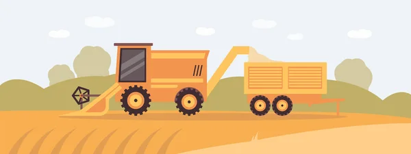 Combine harvester on farm field collecting grain harvest — Stock Vector