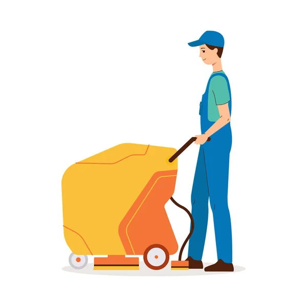Homem mais limpo usando máquina de limpeza de piso walk-behind para limpeza industrial —  Vetores de Stock