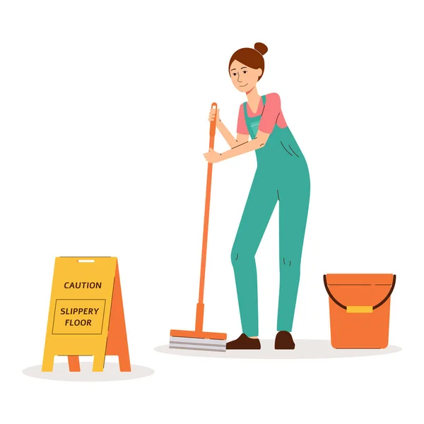 Limpeza mulher personagem piso de lavagem, ilustração vetorial plana isolado . — Vetor de Stock