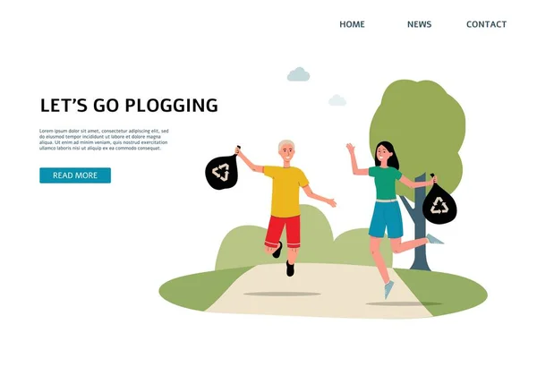 Cartoon couple plogging - modèle de bannière de site Web avec des coureurs heureux — Image vectorielle