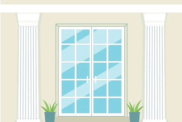 Glass front door of classical building with white decorative columns — Stock Vector