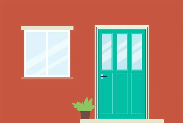 Piros ház bejárati homlokzat zöld ajtóval, zárt ablakkal és szobanövényekkel — Stock Vector