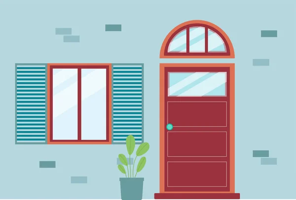 Μπλε τούβλο σπίτι πρόσοψη με κόκκινη μπροστινή πόρτα με τοξωτό παράθυρο transom — Διανυσματικό Αρχείο
