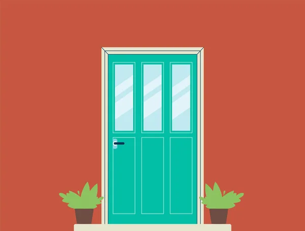 Green house front door with three narrow windows on red wall — Stock Vector