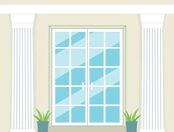 Entrance or balcony glass doors and white columns flat vector illustration. — Stock Vector