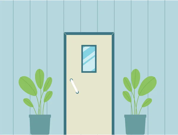 Μπροστινή πόρτα του σπιτιού με μικρό ορθογώνιο παράθυρο στον μπλε τοίχο — Διανυσματικό Αρχείο