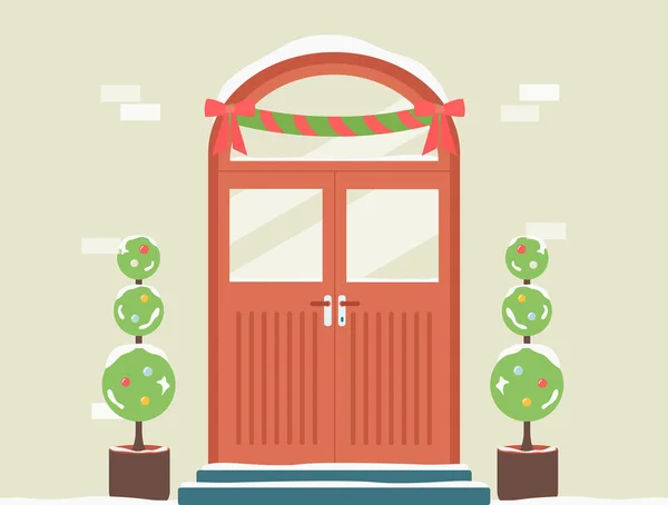 Portale decorato per Natale con ghirlanda e piante vettoriale illustrazione. — Vettoriale Stock