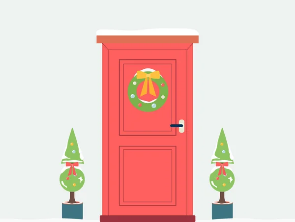 Drzwi wejściowe domu urządzone na święta Bożego Narodzenia, płaski wektor ilustracji. — Wektor stockowy