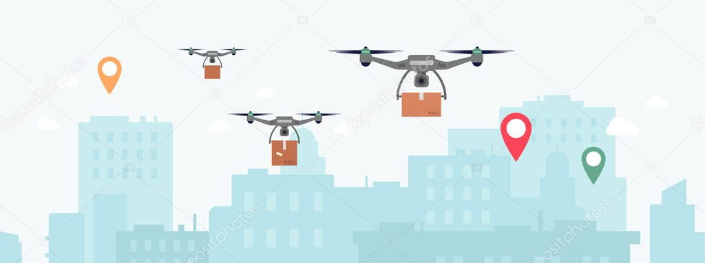 Cityscape background with drones providing delivery, flat vector illustration.