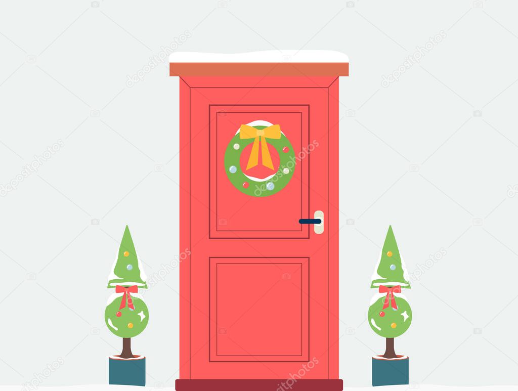 House entrance door decorated for Christmas holiday, flat vector illustration.