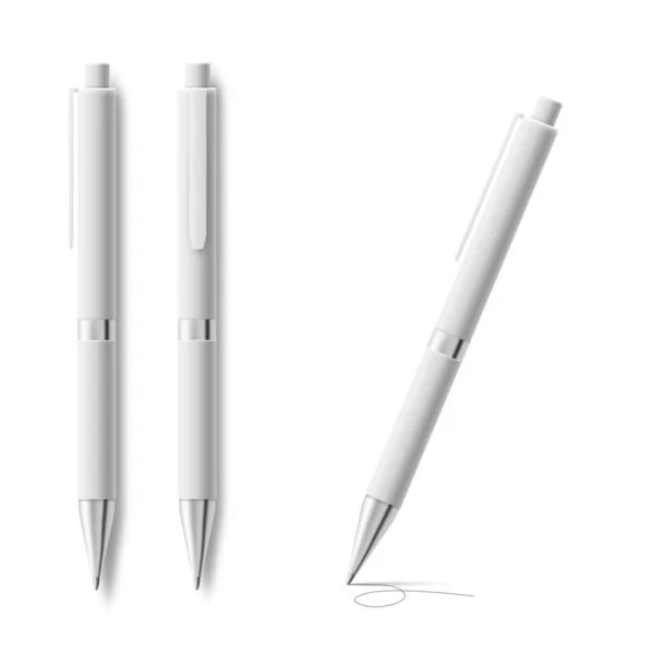 Ensemble de modèles de stylo en plastique blanc blanc, illustration vectorielle réaliste isolée. — Image vectorielle