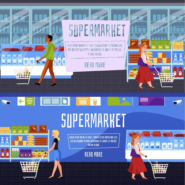 Banner von Supermärkten mit flachen Vektor-Abbildungen der Kunden. — Stockvektor