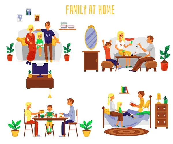 Familia pasar tiempo en casa juntos plana vector ilustraciones conjunto aislado . — Archivo Imágenes Vectoriales