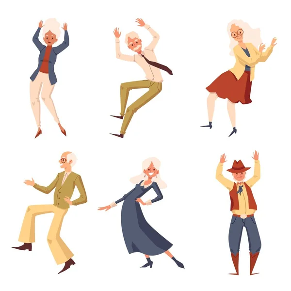 노인들 과 춤을 추는 일련의 인물들. — 스톡 벡터