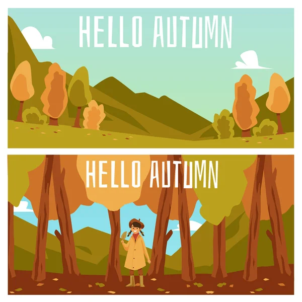 Diseño de pancartas de otoño con paisaje de temporada de otoño, ilustración vectorial plana . — Archivo Imágenes Vectoriales