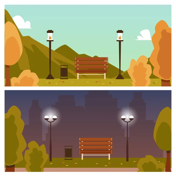 Conjunto de día y noche otoño paisaje fondos plano vector ilustración . — Archivo Imágenes Vectoriales