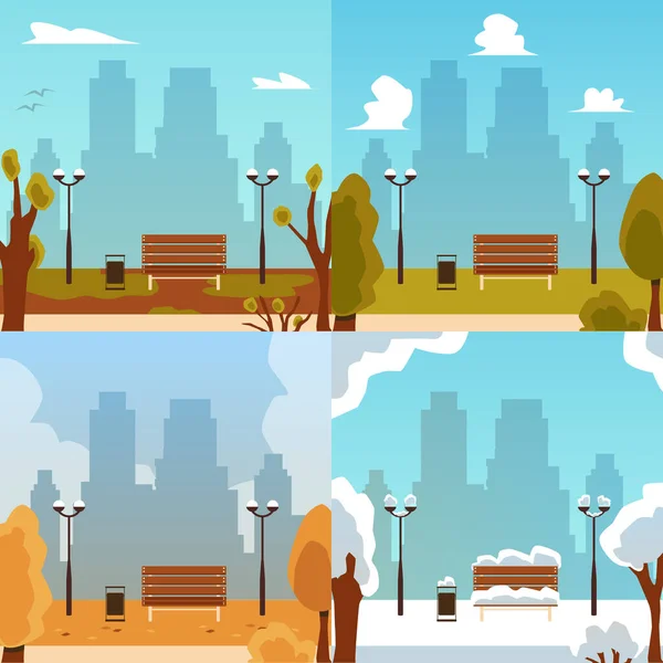 Set of four seasons banners of park landscapes flat vector illustration. — Stock Vector