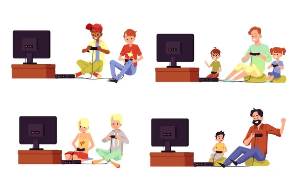 Σύνολο φίλων και οικογένειας που παίζουν βιντεοπαιχνίδια, διανυσματική απεικόνιση απομονωμένη. — Διανυσματικό Αρχείο