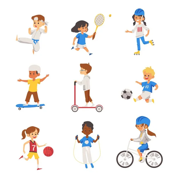 Ensemble d'illustrations vectorielles plates d'activités sportives pour enfants isolées. — Image vectorielle