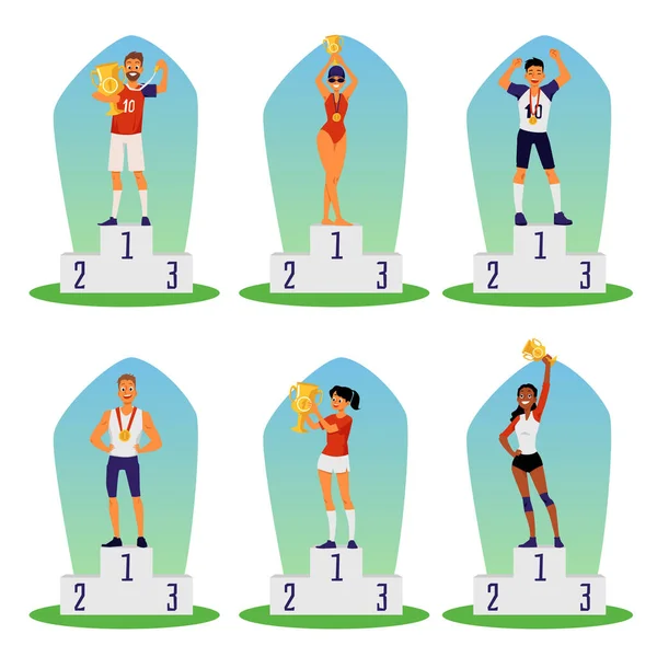 Serie di persone vincitori nel concorso sportivo piatto illustrazione vettoriale isolato. — Vettoriale Stock