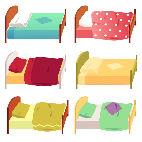 Set of children beds with blanket and pillow flat vector illustration isolated. — Stock Vector