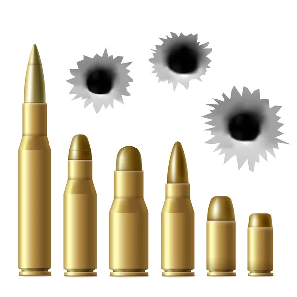 Realistic metal bullet and gunshot hole set isolated on white background — Stock Vector