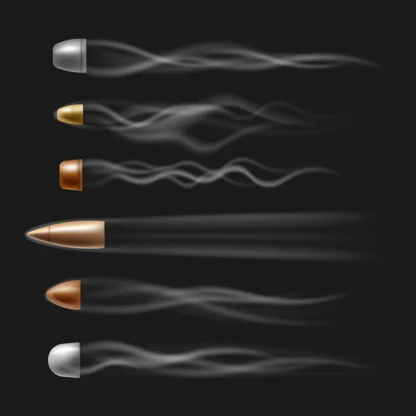 Flying bullet set with realistic smoke trace isolated on black background. — Stock Vector