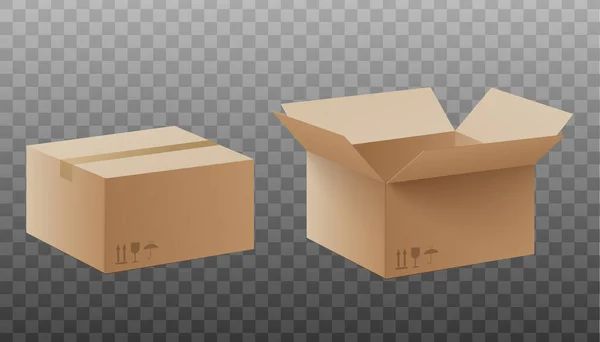 Mockup postal or delivery box packaging, realistic vector illustration isolated. — Stock Vector