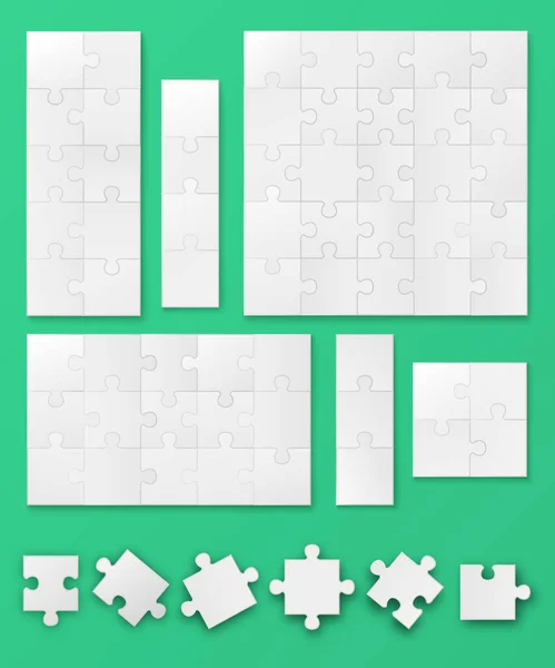 Biały pusty puzzle szablon zestaw w oddzielnych i całych kawałkach — Wektor stockowy