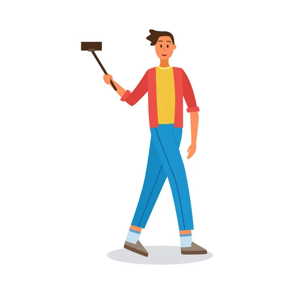 Man neemt selfie fotografie op telefoon, platte vector illustratie geïsoleerd. — Stockvector