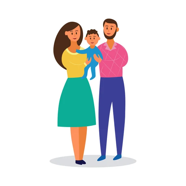 Happy young family holding little baby - cartoon parents smiled with toddler boy. - Stok Vektor