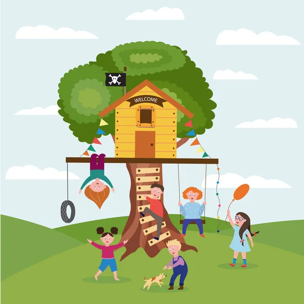 Casa del árbol y los niños jugando en el fondo de verano ilustración vector plano . — Archivo Imágenes Vectoriales