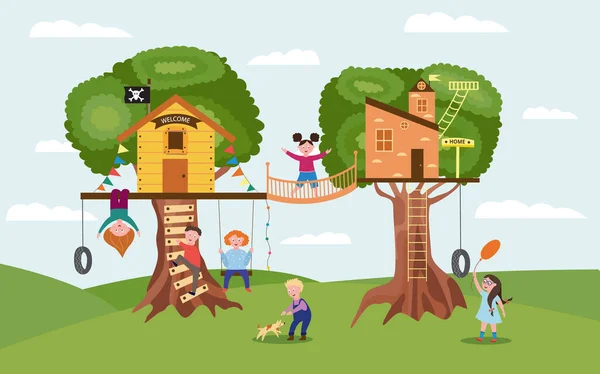 Niños de dibujos animados jugando juntos en el parque infantil divertido de la casa del árbol — Vector de stock