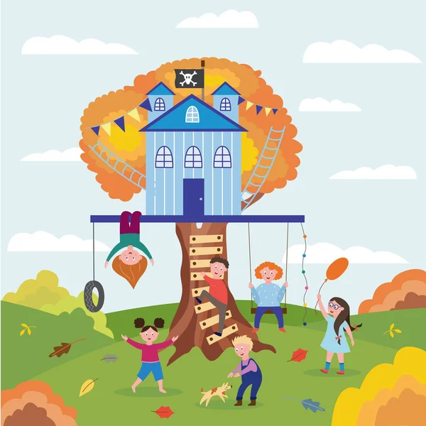 Paisaje de verano con niños juegan alrededor de la casa del árbol, ilustración vector plano . — Vector de stock