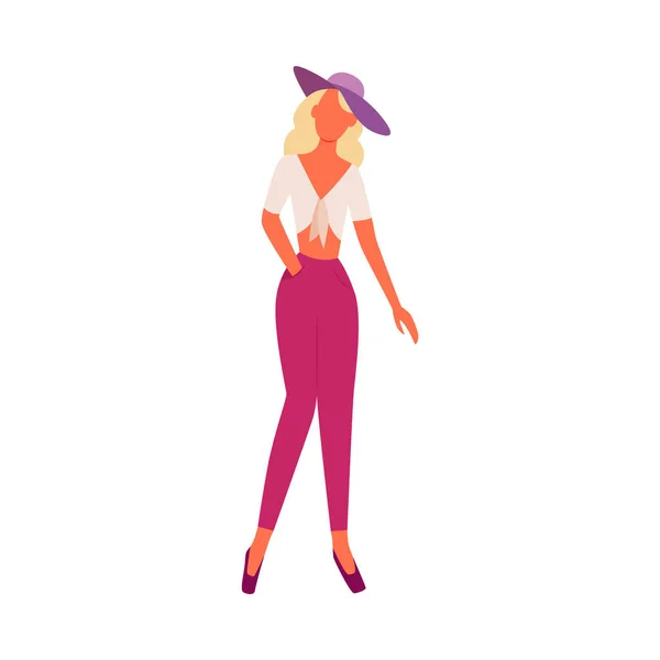 Chica de moda o personaje de dibujos animados de mujer en sombrero ilustración vector plano aislado . — Vector de stock