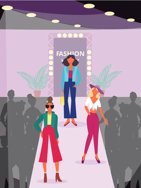 Cartaz de desfile de moda com mulheres modelo de desenhos animados andando no pódio da passarela — Vetor de Stock