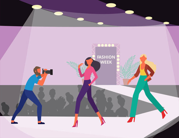 Fashion runway with models representing collection flat vector illustration.