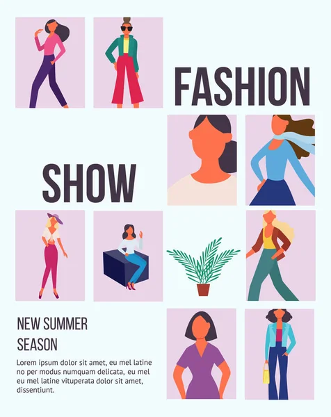 Fashion show poster ή banner template με γυναίκες, επίπεδη διανυσματική απεικόνιση. — Διανυσματικό Αρχείο