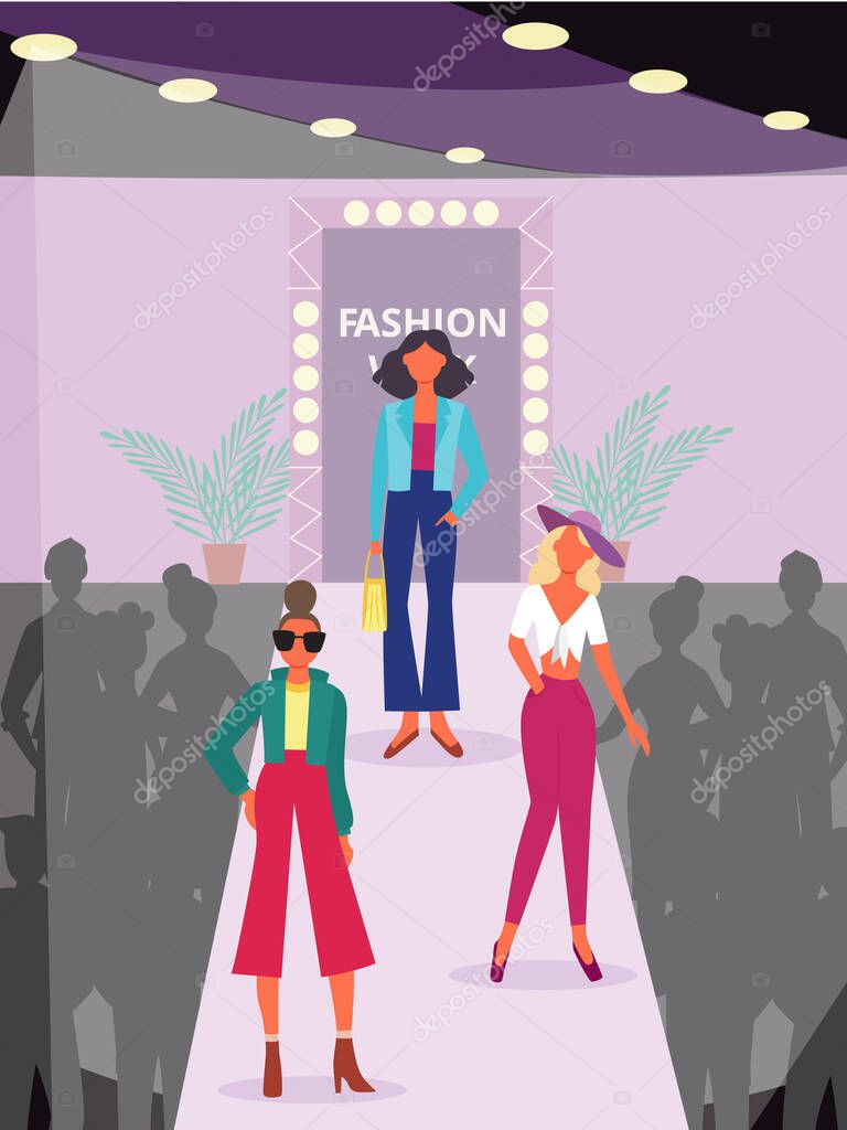 Fashion show poster with cartoon model women walking on catwalk podium