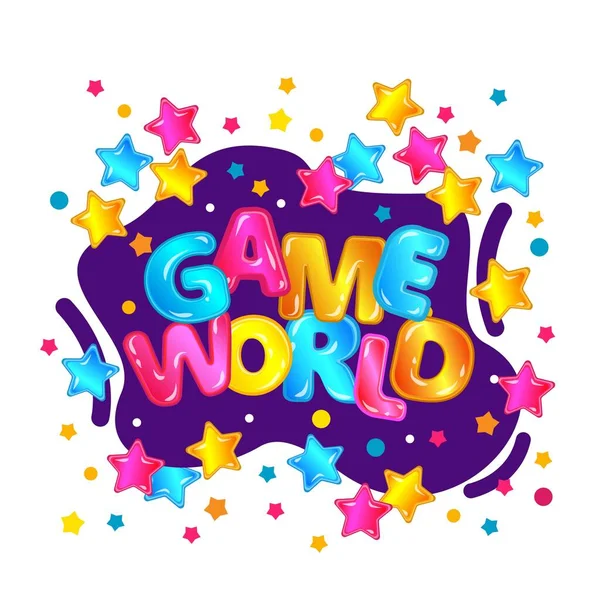 Signo de etiqueta engomada del mundo del juego para la zona de juego de los niños, bandera colorida estrellada con letras de dibujos animados — Vector de stock