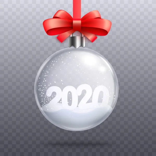 Bauble de vidro com número 2020 e neve dentro dele decorado com fita vermelha — Vetor de Stock