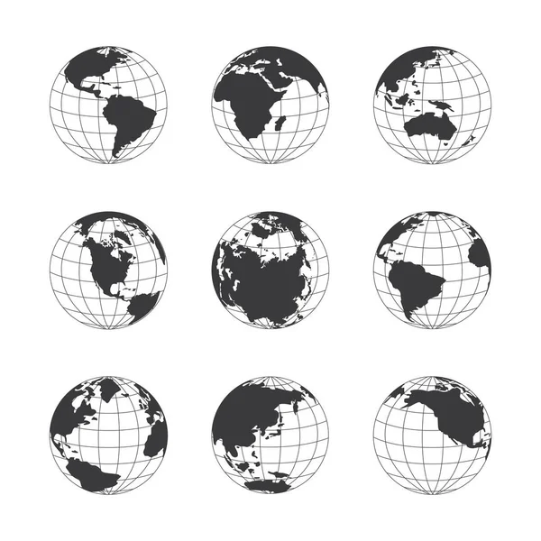 Vector graphic set of nine globes depicting the earth with continents and oceans — Stock Vector