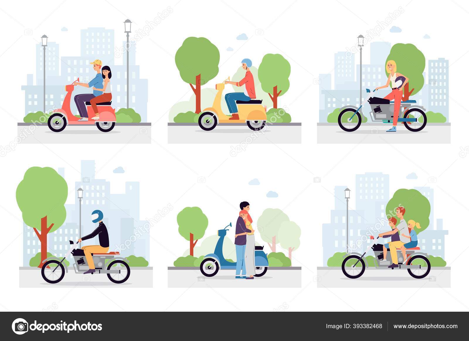 Conjunto de vetores de bicicleta, scooter e motos dos desenhos