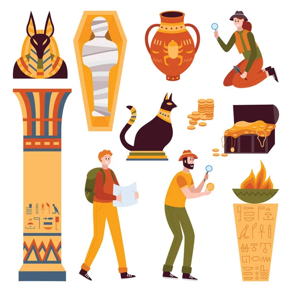 Az ókori Egyiptomot tanulmányozó egyiptomi szimbólumok és karakterek vektorkészlete. — Stock Vector