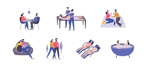 Pareja descanso y romántico vacaciones escenas plana vector ilustraciones conjunto aislado . — Archivo Imágenes Vectoriales