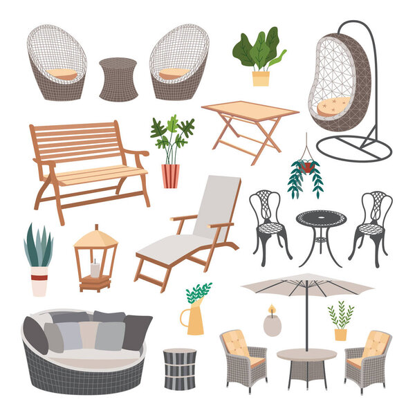 Set of garden and beach furniture icons flat vector illustration isolated.