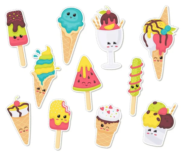 Bir grup kawai dondurma vektör çizimi şeklinde emoji ile karşı karşıya.. — Stok Vektör